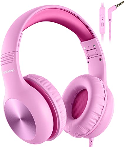 Nabevi Kinder Kopfhörer, Kopfhörer Kinder mit Kabel, 85/94dB Lautstärkegrenze, HD-Ton, Sharing-Funktion, Over-Ear Verstellbare Faltbare Kinderkopfhörer mit Mikrofon für Schule/Reise/PC/iPad, Rosa