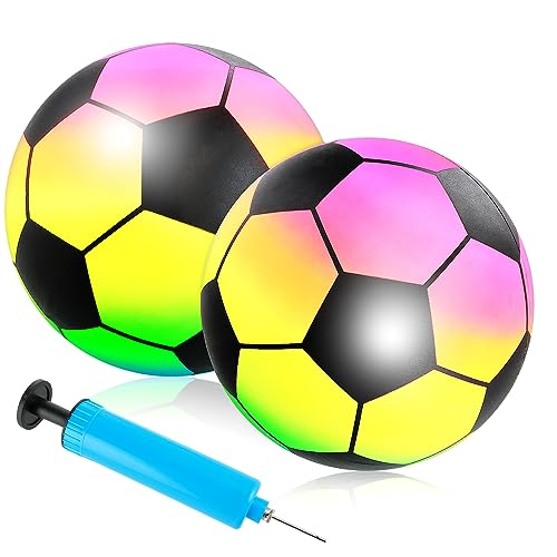 Grevosea 2 Stück Regenbogen Fußball,9 Zoll Aufblasbaren Fußball,Inflation Strand Bälle mit Pumpe,Wasserball Fußball Handball für Kinder & Erwachsene Aufblasbare Bälle für Spielplatz Innen und Außen