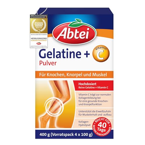 Abtei Gelatine Pulver Plus - reine Gelatine und Vitamin C für Knochen, Knorpel und Muskeln - hochdosiert - 400 g (4 x 100 g) - Vorratspack für 40 Tage