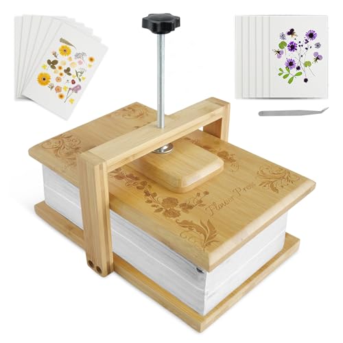Whemyreat Buchbindepresse,Blütenpresse Holz,Diy-Kunst-Und Bastelset,Konservierungsset Für Gepresste Blumenpflanzen,Papierpresse,Buchbindepresse-Sets Mit 6 Stück Saugfähigem Papier 1 Pinzette (White)