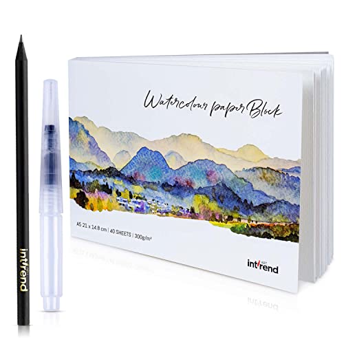 int!rend Aquarellpapier A5 300 g/m² 40 Seiten - Aquarellblock Malpapier mit Wassertankpinsel & Bleistift - Aquarell Papier zum Malen - Watercolor Paper Aquarell Block