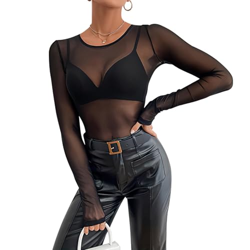 L Size Damen Sexy Netzoberteil Transparent Netz Oberteil Schwarz Mesh Sheer Top mit Rundhalsausschnitt für Clubwear, Partys und Alltagslooks - Weiches, Atmungsaktives Material für Komfort und Stil