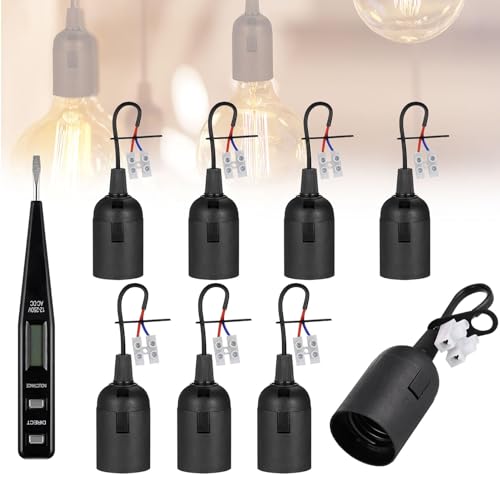 JIZZU 8 Stück E27 Ersatzfassung, Schwarze Lampenfassung, VDE-Spannungsprüfer, Renovierungsfassungen mit Kabel Renovierfassung, Baustellenfassung, LED und Halogen Fassung