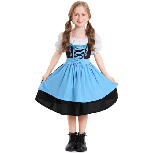 EFOGEP Mädchen Deutsche Dirndl Kleid: Oktoberfest Kostüm für Kinder Traditionelle Bayerische Bier Party Karneval Festival Outfit Halloween Karneval Cosplay Dress Up Kleider Blau 8-10 Jahre