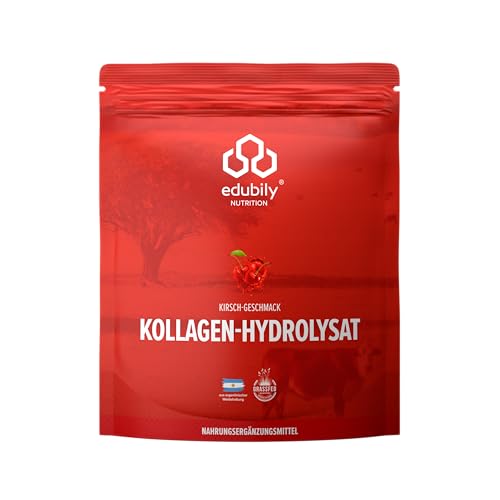edubily nutrition® Kollagen Pulver • Aus zertifizierter Weidehaltung • Premium Collagen Hydrolysat mit Co-Faktoren zur Gelenkgesundheit & kräftiges Bindegewebe • Klettverschlussbeutel (750 g Kirsche)