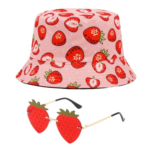 SLAXJNE 1 Stück Erdbeer-Eimerhut Und 1 Stück Erdbeerbrille, Sonnenschutzhut Für Damen, Uv-Schutzhut, Kreative Sonnenbrille, Party-Sonnenbrille, Modeaccessoires