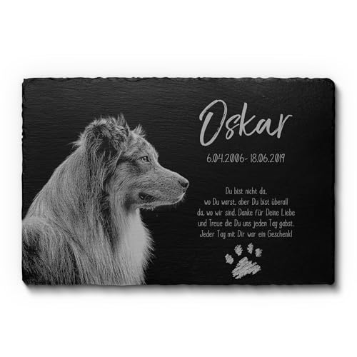 CHRISCK design Grabplatte Hund und Katze aus Schiefer mit Gravur & Foto | Wetterfester Gravurschutz! Katzen - Hunde Gedenkstein mit Bild & schönen Motiven | Grabstein Tiergrabstein draußen 30x20 cm