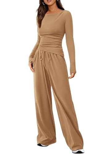 Haibang Zweiteiler Damen Herbst Baumwoll Lounge Set Slim Fit Jogginganzug Trainingsanzug Cozy Hausanzug Loungewear Y2K Outfit Asymmetrischer Saum Langarmshirt und Kordelzug Weites Bein Lang Hosen Set