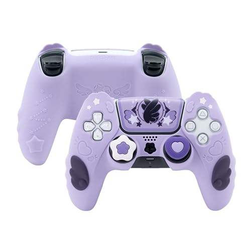GeekShare Niedliches PS5-Controller-Hautgriff-Set, rutschfeste Silikon-Schutzhülle, Joystick-Kappen für PS5 Wireless Controller-Zubehör-Set, Sternflügel (lila)