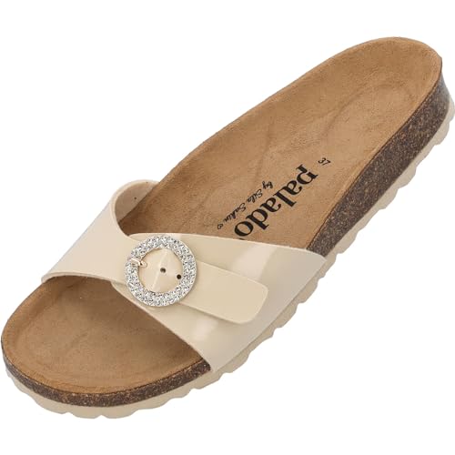 Palado Pantoletten Damen Malta RD by Sila Sahin – bequeme Sandalen Made in Spain - Hausschuhe mit runder Glitzerschnalle - modische Sommerschuhe mit Kork-Fußbett Beige Lack UK6 - EU39