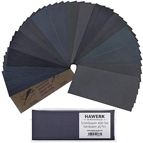 HAWERK Profi Schleifpapier Set | 80-3000 Körnung, 45 Stück | Nass und Trocken | Schleifpapier für Holz, Metall, Auto, Lack, Holzmöbel, Stein, Lack, Glas | Nassschleifpapier, Sandpapier Set