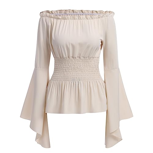 FYMNSI Damen Renaissance Bauernbluse Schulterfrei Tops Trompeten?rmel Gothic Lolita Boho Bluse Mittelalter Gesmokt Langarmshirt Pirat Steampunk R?schenbluse Wikinger Kleidung Kost?m Halloween Beige M