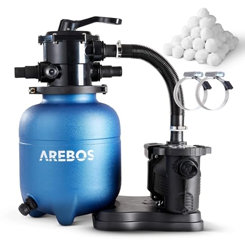 Arebos Sandfilteranlage mit Pumpe inkl. 600g Filterbälle | Blau | 350W | 9500 L/h | Tankvolumen bis zu 20 kg Sand | 7 - Wege Ventil mit Griff | mit Druckmanometer | Poolfilter