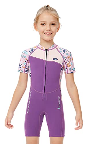 Mädchen 2.5mm Neoprenanzug Kinder Einteiler Tauchanzug Tropisch Violet Kurzarm Shorty Badeanzug Schnorchel One Piece Wetsuit M