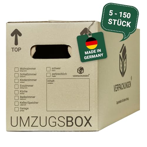 BB-Verpackungen 5x Umzugskartons UMZUGSBOX 632 x 288 x 330 mm 2-wellig (5 Stück) | 100% recycelte Pappe, doppelter Schmetterlingsboden und 3-fache Griffverstärkung