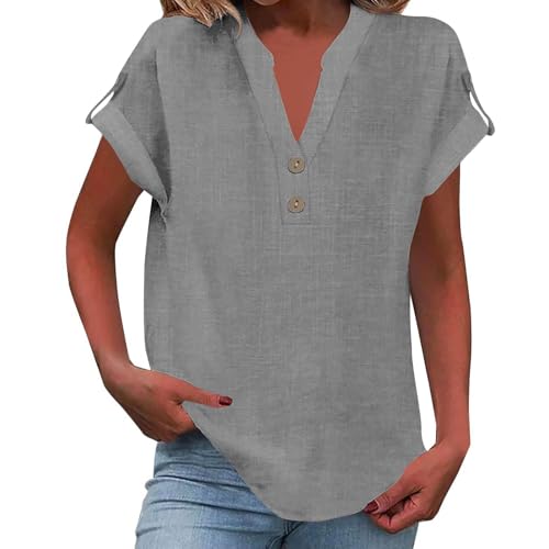 Damen Top V-Neck Mit Knopfleiste - Oversize Leinen-Baumwoll-Kombination Unifarben Damen Sexy Oberteil Grau L