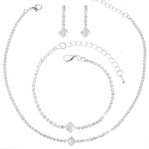 Lusofie Schmuck Set Für Damen Mit Strass Halskette Ohrringen Und Armband Silber Elegante Kristall Brautschmuck Set Hochzeits Allergenfrei Modeschmuck Für Bräute Brautjungfern Mädchen