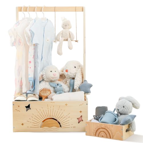 OESSUF Holzkiste für Babyparty, Babykorb, Schrank mit verstellbarem Griff, Baby-Aufbewahrungsbox, Kleiderbügel, Geschenkverpackungskorb für Neugeborene, Mädchen und Jungen, Schwangerschaftsgeschenke