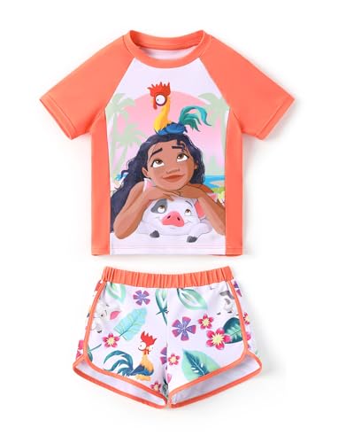 Disney Frozen Elsa Princess Mädchen Zweiteiliger UPF 50+ Schutz, schnelltrocknend, kurzärmelig, Bade-Set, Rashguard-Badeanzug, Orange/Abendrot im Zickzackmuster (Sunset Chevron), 4-5 Jahre