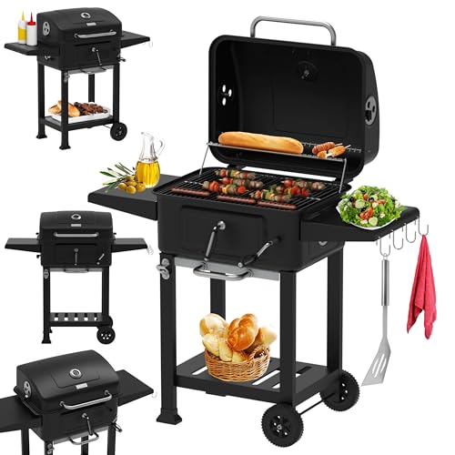 Holzkohlegrill XXL mit Deckel Standgrill große Grillfläche Grillwagen höhenverstellbarer BBQ Grill Kohlewanne Thermometer Ablagefläche Aschebehälter Lüftungssystem für Garten Terrasse Balkon