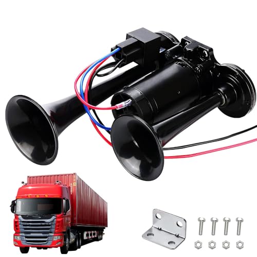 Gobesty LWK Hupe 12V, 150DB Super Laut Air Horn, Doppelrohr Lufthorn Train Horn mit Kompressor, Lufthorn Drucklufthorn Laute Hupe Kit, für 12V Fahrzeuge LKW Lörries Züge Boote Cars Vans, Schwarz