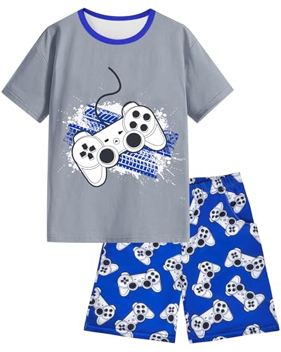 Sommer Schlafanzug Jungen, Kurzärmliger Pyjama Jungen Set Pyjamahose mit Taschen Schlafanzug Kinder (DE/NL/SE/PL, Alter, 10 Jahre, Regular, Graue Spielkonsole)