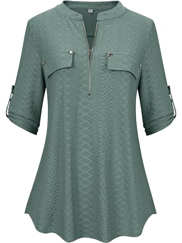 Lalala Bluse Damen Reißverschluss Langarmshirt Elegant Plissee Hemdbluse Z-Grün-xg36 XL