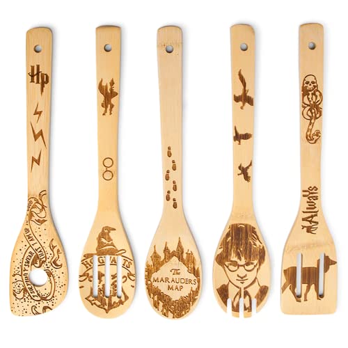 Gravierte Holzlöffel-Set mit 5 – lustige magische Bambus-Löffel, Küchenzubehör zum Kochen, Einweihungsgeschenk, Weihnachten Geschenke für Frauen oder Männer (Küchen-/Hausdekor)