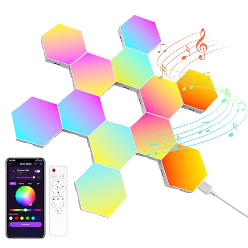 Hexagon LED Gaming Wandleuchte 12pcs RGB Hexagon Panels – Playstation Lampe mit Musik Sync & App-Steuerung, Zimmer Deko, Deko Wohnzimmer & Deko Schlafzimmer, Wandbeleuchtung für Gamer Room