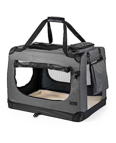 lionto Hundetransportbox faltbar für Reise & Auto, 50x34x36 cm, stabile Transportbox mit Tragegriffen & Decke für Katzen & Hunde bis 10 kg, robuste Hundebox aus Stoff für klein & groß, grau