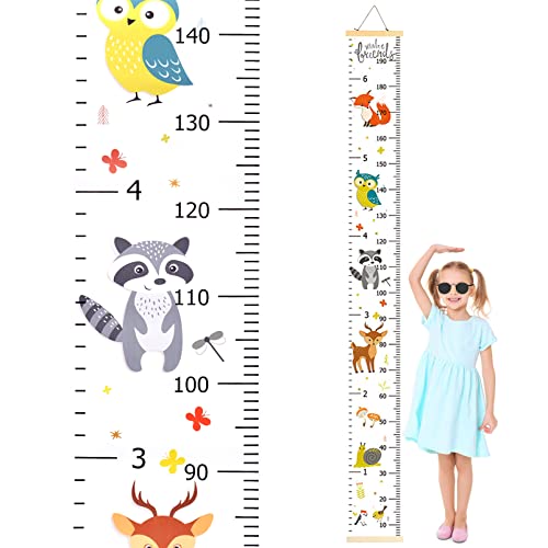 20 x 200 cm Höhendiagramm für Kinder, Kindergrößentabelle, abnehmbare Leinwand und Holz-Messlineal, Höhenmessstabelle für Kinder, Wandbehang, Messlineal, Wanddekoration, hängende Höhenmessung