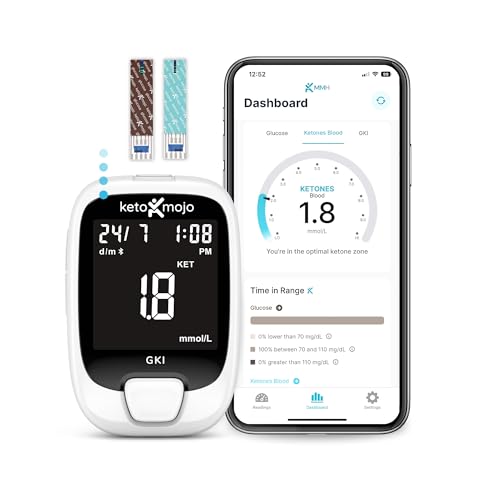KETO-MOJO GKI Bluetooth Glukose- und Keton-Testkit (mmol/L) + kostenlose APP für Ketose- und Diabetes-Management. 20 Blutteststreifen (je 10), Messgerät, 20 Lanzetten, Stechhilfe und Kontrolllösungen
