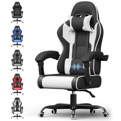 Airfish Bürostuhl Ergonomisch Gaming Stuhl Massage Gaming Sessel mit Kopfstütze Massage-Lendenkissen, Gepolstert Gaming Chair, Drehsessel,150kg Kapazität,Schwarz weiß