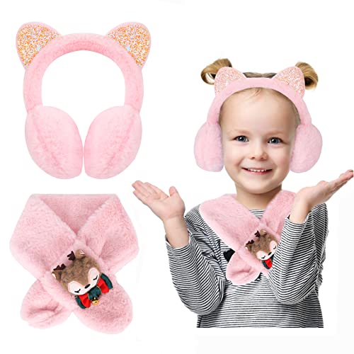 Süße Katzenohren Ohrenschützer und Flauschiger Schal Mädchen Winter Plüsch Ohrenwärmer Kinder Warm Ohrschutz Outdoor Ohrenschützer Ohrenklappe Ohrabdeckungen Weihnachten Geburtstag Geschenk (Rosa)