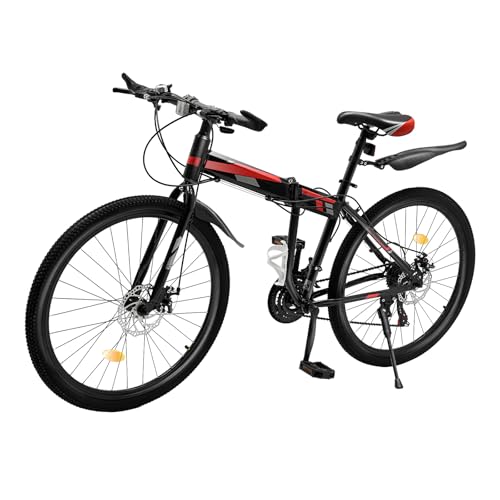 TESUGN 26 Zoll Mountainbike, 21 Gang Citybike Faltbare mit Scheibenbremsen Schutzbleche Federgabel Trekkingrad MTB Herren Damen Jugendliche, Rot