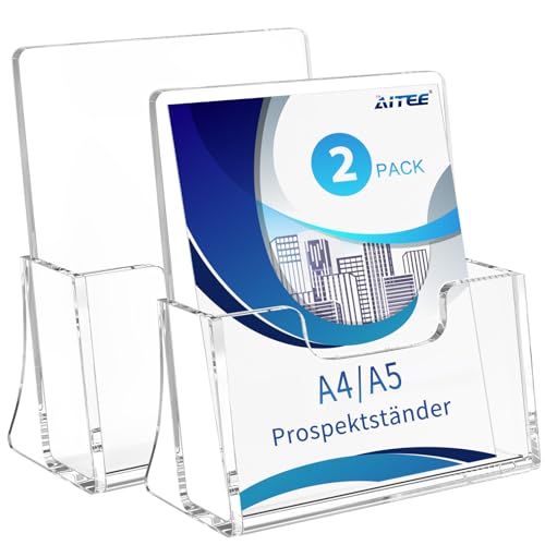 AITEE DIN A5 Tisch-Prospektständer: 2 Stück Acryl Transparenter Flyerständer Freistehende Prospekthalter für Counter Büro Restaurant Rezeption