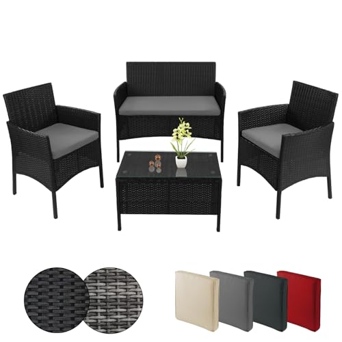 BB Sport Poly Rattan Sitzgruppe 4 Personen Tisch 2 Stühle Sitzbank 5cm Dicke Sitzpolster Balkonmöbel Set Sitzgarnitur Balkon Terrasse Garten Outdoor, Farbe:Titan-Schwarz/Kieselstrand