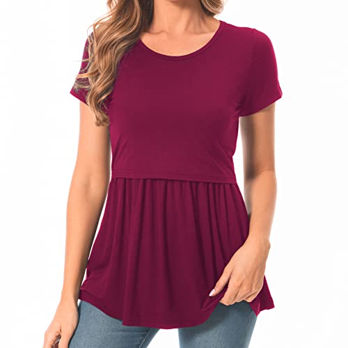 Bearsland Women's Nursing Tops Short Sleeve Scoop Neck Breastfeeding Clothes Maternity Shirt, Wine red, M