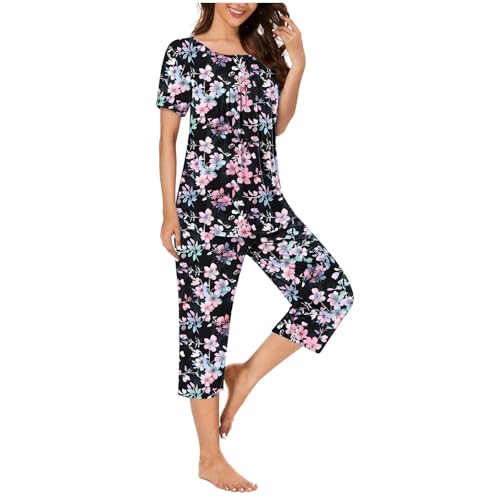 SMUXP Damen-Schlafanzug mit Tierdruck, Leopardenmuster, weiche Loungewear, Knopfleiste vorne, kurze Ärmel, bauchfreie Pyjamahose, Nachtwäsche-Set, weiche Pyjama-Sets für Café, TV-Show, 3#schwarz, 3XL