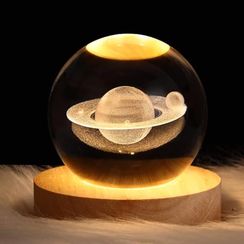 DRYFAL, 3D Kristallkugel mit Saturn Muster, Glaskugel geformte Kinder Nachtlicht, hölzerne Basis Nachtlampe, Fantasie Thema und Galaxie mit Planeten, Dekoration in