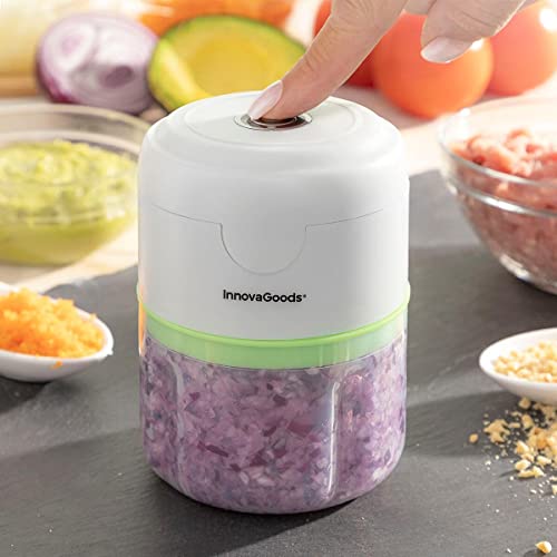 InnovaGoods - Tragbarer Mini-Zerkleinerer, Wiederaufladbar, Kabellos, 250ml, 3x Edelstahlklingen, Vielseitig für Nüsse/Gemüse/Obst, Leicht zu reinigen, Weiß, Mini, PP