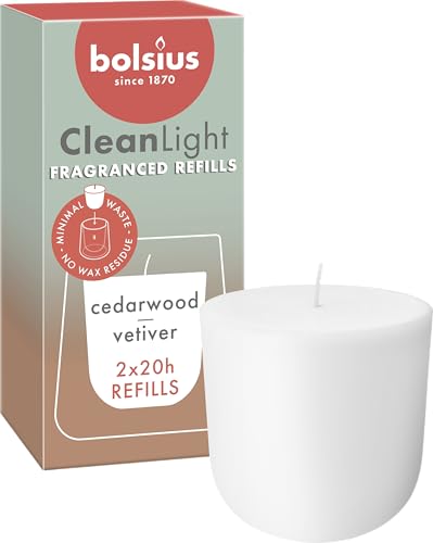 Bolsius - CleanLight Refill - Nachfüllbare Duftkerze - Zedernholz & Vetiver - Nur Nachfüllungen - 2 Stk. - Länge Brenndauer 20 Stunden - Enthält Natürliches Pflanzenwachs - Nachhaltiges Konzept