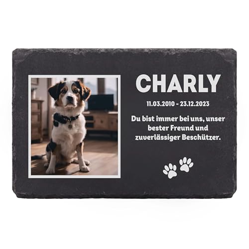 LAUBLUST Personalisierte Grabplatte mit Name & Foto als Grabschmuck für Hund, Katze & andere Haustiere - Erinnerung Motiv, 3 Größen | Schieferplatte mit Gravur als Tiergrabstein Deko & Tiere Grabtafel