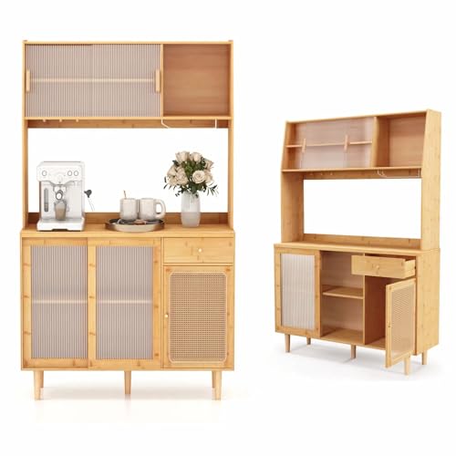 KOMFOTTEU Buffetschrank aus Bambus, Sideboard mit Haken & Gläserhalter & Rattantür & Schiebetür, Küchenschrank mit Schublade und Arbeitsplatte, Vorratsschrank Hochschrank 118 x 35 x 175 cm