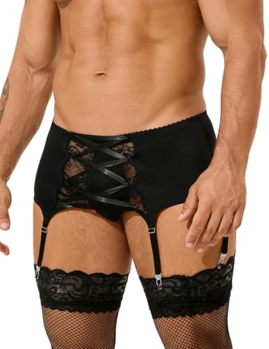 ohmydear Strumpfhalter Herren Sissy Dessous Männer mit 6 Clips Strapsgürtel Breit Große Größen Strumpfband Hohe Taille Garter Belt Erotische Gay Unterwäsche Herren Reizwäsche für Sex Schwarz