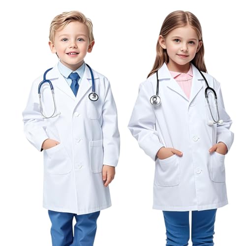 AUYAO Laborkittel für Kinder Wissenschaftler Kostüm Weißer Laborkittel Arztkittel mit knöpfen und Tasche Kinder Doktor Kostüm Medizin Labormantel Kittel Chemie für Jungen Mädchen Studenten Halloween L