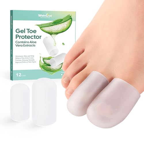 Welnove 12x Silikon Zehenkappen mit Aloe Vera – Schutz für Hühneraugen, Blasen & Hammerzehen – Bei eingewachsenen Nägeln & Ballenschmerzen(4L + 8M, Klare)