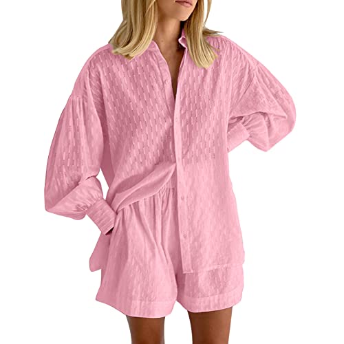 Damen Langarm Puffärmel Freizeithemd Set Casual 2-Stück Reverskragen Langes Ärmeln Oberteil Baggy Lang Hosen 2-Teilig Täglich Elegante Frauen Bequeme Straight Hausanzug Im Haus Pyjama (Pink, S)