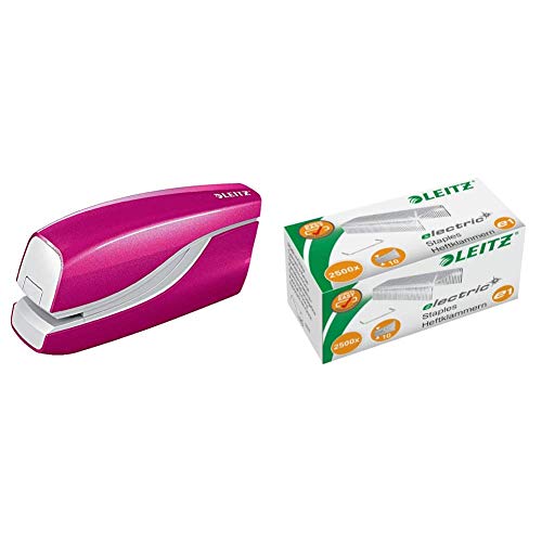 Leitz 55661023 Elektrisches Heftgerät (10 Blatt, Metall mit Kunststoffelementen, Inkl. Heftklammern, Wow) pink metallic & Heftklammer e1, 2500 Stück