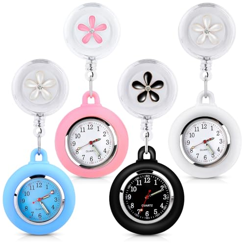 BORDEAG 4 Stück Krankenschwester Uhr, Personalisiert Schwesternuhr, Krankenschwesteruhr, Taschenuhren Für Damen, Einziehbar Taschenuhr Schwesternuhr, Uhr Quarzwerk, Für Damen Herren Pfleger Doktor